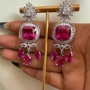 18k gold plated Luxury Hot Pink zirconia Crystal Chandelier Earrings -
